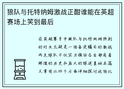 狼队与托特纳姆激战正酣谁能在英超赛场上笑到最后
